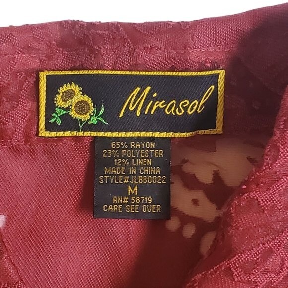 Mirasol Red Floral 3/4 Sleeve Semi-Sheer Button-Up Top Sz M - Picture 10 of 14
